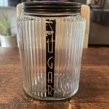 Antique CABINET RIBBED GLASS CANISTERS Sugar w/Aluminum Lid picture