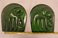 2  Vintage Blenko Glass Emerald Green Elephant Bookends  Art Glass Joel Myers picture