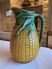 ~ SWEET ~ Vintage Majolica Pottery Corn Cob Pitcher Beautiful Colors 10” Tall picture