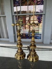 Pair Vintage MidCentury Traditional Stiffel Style Brass Baluster Table Lamps 29” picture
