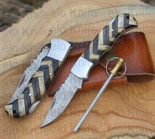 Handmade Pocket Knife Damascus Folding knife Black & Olive Wood Handle W/ Pouch picture