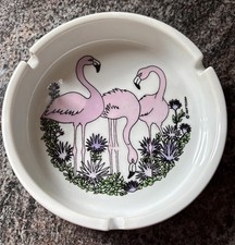 Vintage Pink Flamingos Ceramic Ashtray AGiftCorp Tropical Foliage Three Round picture