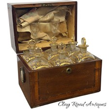 Antique Federal regency liquor box tantalus mahogany inlaid fan gilt bottles picture