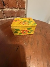 Vintage 70s Mustard Yellow Floral Trinket Box Mirror Lid Retro Daisy Vanity Dish picture