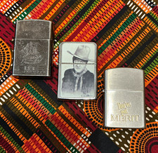 3 Vintage Flip Top Lighters - John Wayne (Dale Adkins), Merit Promo, HF Ship picture