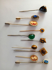 Lot of 10 Vintage Hatpins/Stick Pins Metal Glass Stones w/ Cameo Owl Head picture