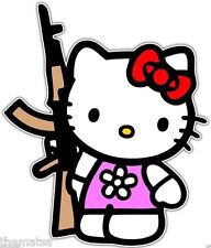 HELLO KITTY WITH AK-47 RIFLE HELMET TOOLBOX USA MADE BUMPER STICKER DECAL picture