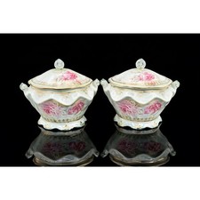 Antique Nippon Lidded Covered Bowls Pair Pink Roses Gold Trim Japan Porcelain picture