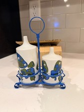 NOS Vintage 70s Takahashi SF Blue Green Mushroom Cruet Set Ceramic Japan MINT BO picture