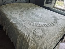 A+ Vintage Normandy Lace Bed Cover Queen Size AS FOUND Hand Sewn Net Embroidered picture