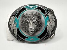 VTG 1995 Wolf head Siskiyou Turquoise Metal Oval Belt Buckle Native American picture