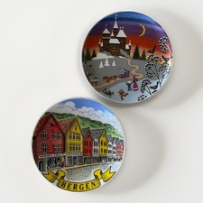 Lot of 2 Vintage Souvenir Mini Plates Bergen Norway & Germany Winter Folk Art picture