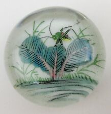 Antique Chinese Painted White Ground Art Glass Paperweight Cricket Foliage Vtg. picture