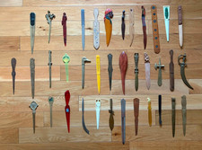 37 VINTAGE ANTIQUE LETTER OPENERS PIRATE SWORD AXE TIKI DRAGON BRASS STEEL PLAST picture