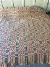 Vintage MCM Woven Coverlet - Teal Pink Tan Geometric Pattern 82 X 104” picture