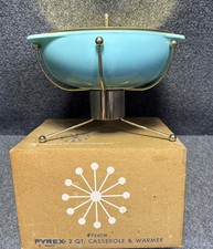 Pyrex Turquoise UFO Atomic Sputnik 2Qt Casserole Warmer Base, Candle & Lid w/Box picture