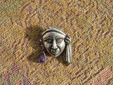 VINTAGE SIGNED J.P. MEXICO STERLING INDIAN FACE BROOCH WITH AMYTHYST EARRING picture