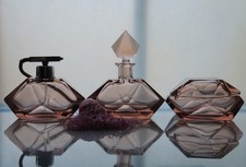 Czech Art Deco Pink Glass Vanity Set Perfume Atomizer Powder Box c1930s picture
