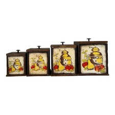 Vintage 1970s Wood Canister Set of 4 Coffee Grinder Fruit Ceramic Tile Liners picture