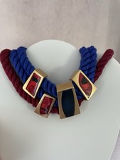 Monet Red Blue & Gold Enamel Rope Necklace Vintage picture