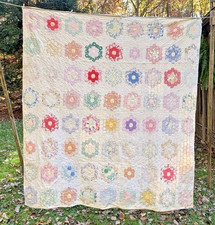 Vtg Antique Grandmothers Flower Garden Quilt Hand Stitched 1930's Feed Sac AS IS picture