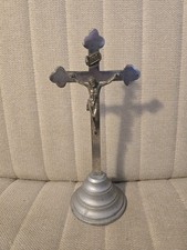 Vintage Catholic Metal Standing Altar Crucifix Cross Silver Tone Heavy picture