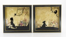 Pair of Antique Reverse Painted Milkweed Silhouette Paintings 4.25