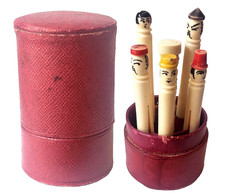 Antique Celluloid Hand Painted Clothespins in Travel Case People Faces Adorable picture