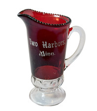 TWO HARBORS MN MINNESOTA Ruby Red Flash Souvenir Glass TRINKET ANTIQUE CREAMER picture