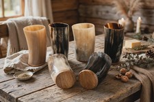 Handcrafted Buffalo Horn Drinking Cup 16 oz Set Viking with Wooden Base Set of 6 picture