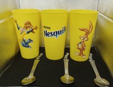 Set of 3 Nestle Quik Bunny Rabbit Stainless Spoons W/ 24oz Nesquik plastic cups. picture