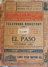 RARE - EL PASO TEXAS Telephone Directory/Phone 1920 PULP PAPER 3-DIGIT ERA picture