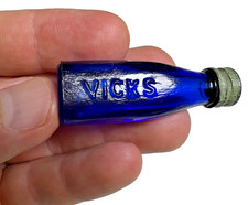 Antique 1930s Vicks Drops Miniature Cobalt Blue Medicine Sample Bottle Metal Cap picture