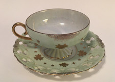 Vtg Teacup&Pierced Saucer Iridescent Inside Matte Pale Green Outside Gold Tea picture