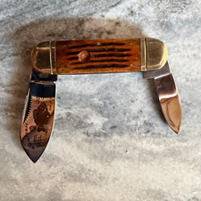Vintage 2-Blade Pocketknife Wood Handle Stainless Fish Etched Blade picture