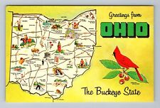OH-Ohio, General Greetings Map, Landmarks, Buckeye State Vintage Postcard picture