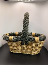 Vintage Woven Gathering Basket with Braided Green Rope Handle picture