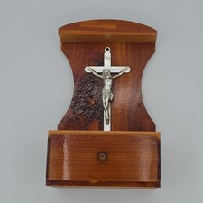 Vintage Handmade Wooden Christian Jesus Crucifix Rosary Storage Trinket Plaque picture