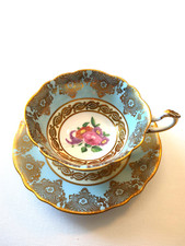 VINTAGE PARAGON BLUE GOLD FINE BONE CHINA TEA CUP & SAUCER FLORAL QUEEN MARY picture