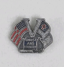 Vintage 1942 WWII CHRIST AND COUNTRY Enamel STERLING Pin VICTORY Pinback picture