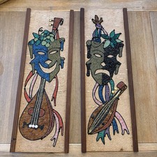Vintage Mid Century Set of 2 Comedy & Tragedy Framed Gravel Pebble Art 24x8.5” picture