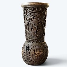 Vintage Chinese Faux Bamboo Bitong Brush Pot Carved Raised Relief Resin Vase 5” picture