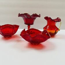 4 pcs lot Vintage Red Glass Fluted Art Candy Dish, 2 candy bowls, pitcher picture