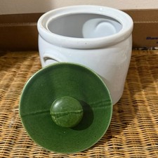 Vintage McCoy Lancaster Colony crock canister cookie jar. 1974-85. White & green picture