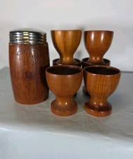 Danish Teak Wood Egg Cups & Shaker Set MCM Vintage picture