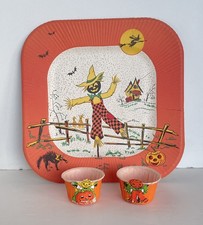 Lot 3 1940s 1950s Vtg Halloween: 2 Die Cut Nut Candy Cup & Scarecrow Paper Plate picture