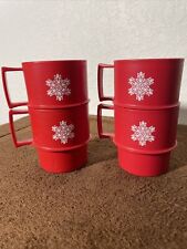 (4) Vintage 1970s Red Christmas Snowflake Tupperware Stackable Handled Mugs picture