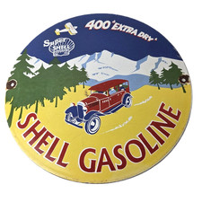 Vintage Super Shell Gasoline Sign - 400 Extra Dry Shell Car Pump Porcelain Sign picture