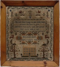EARLY 19TH CENTURY HOUSE, MOTIF & VERSE SAMPLER BY ELIZABETH SMITH AGE 8 - 1836 picture