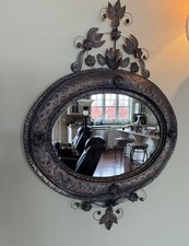 Vintage Mexican Punched Tin Oval Mirror 28x38 Nest Doves Folk Art Hojalata picture